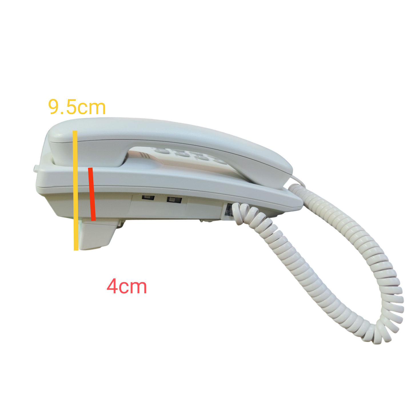 White Panasonic desk phone showing side profile with coiled handset cord and size measurements
