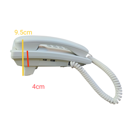 White Panasonic desk phone showing side profile with coiled handset cord and size measurements