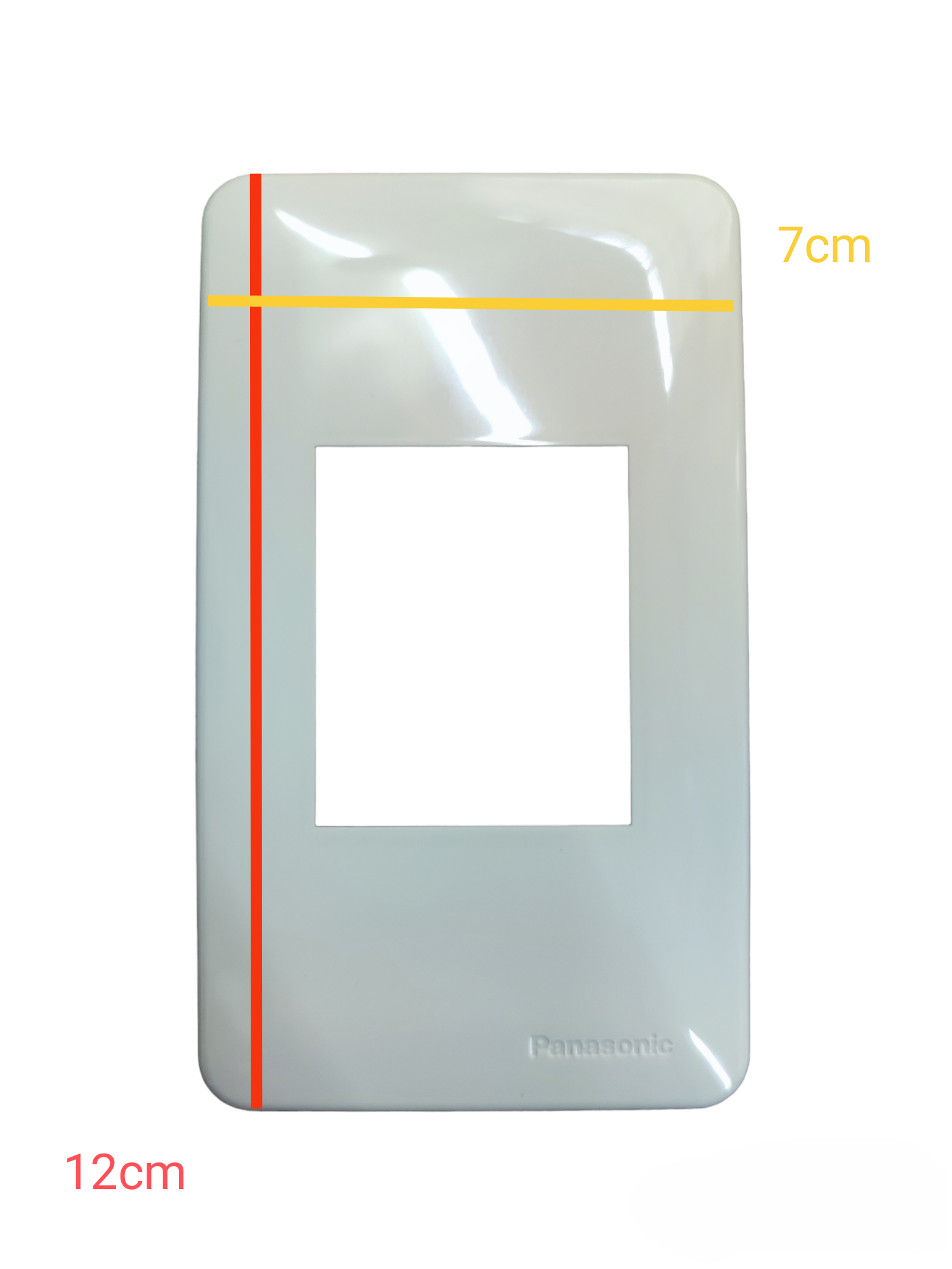 White Panasonic device plate cover for power points switches and plugs measuring 12 by 7 cm