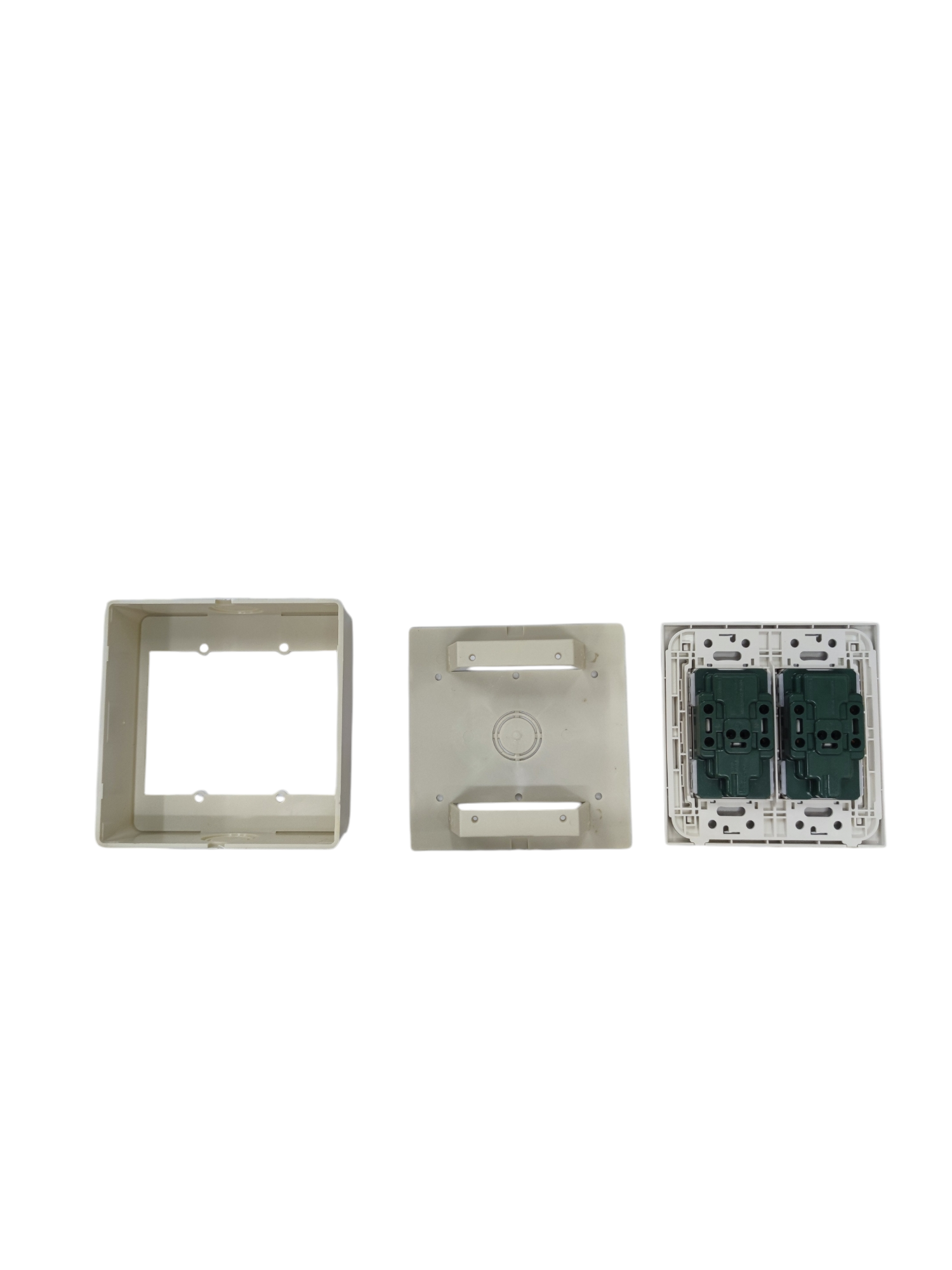 Duplex socket outlet with ground 16A disassembled showing frame, cover, and internal switch components