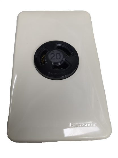 Panasonic white wall plate with black industrial twist lock outlet 250V 20a marked 20 for heavy duty power