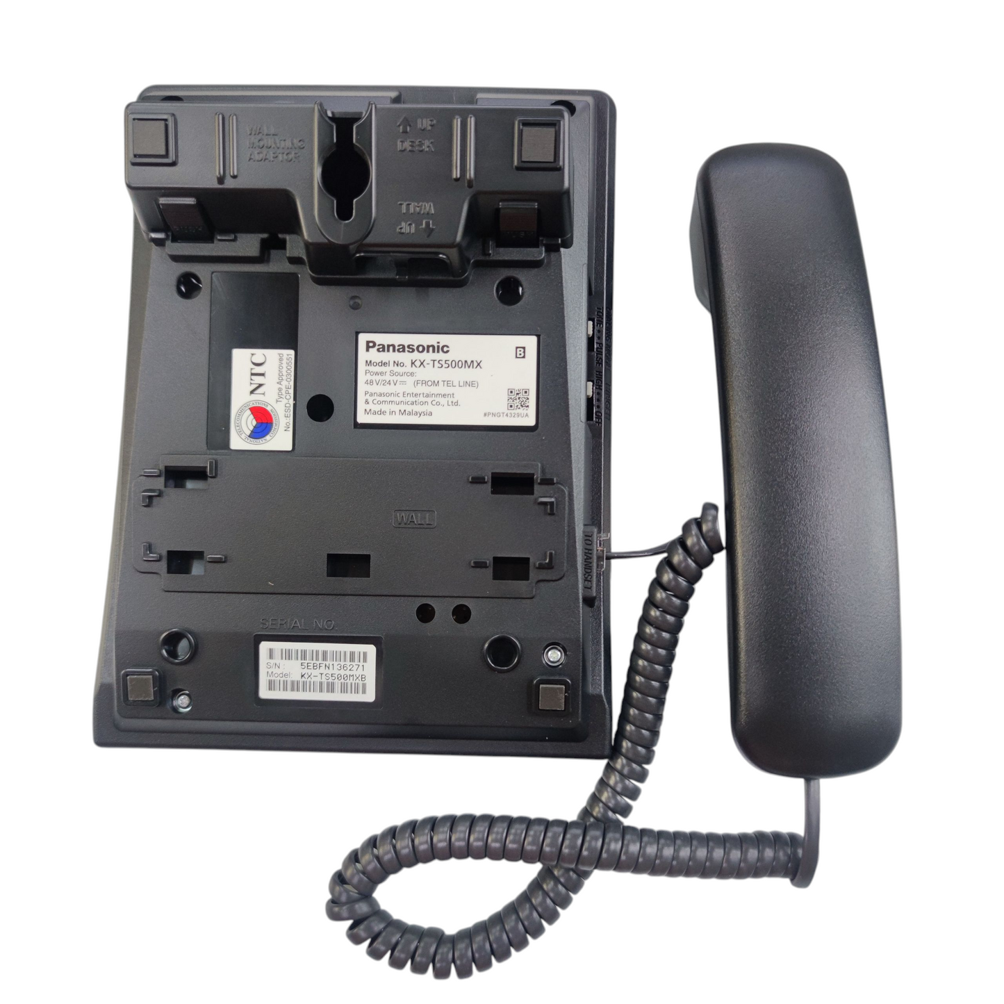 Back view of Panasonic KX-TS500MX black desk phone with handset and coiled cord