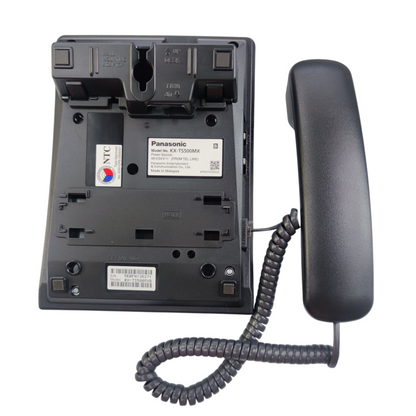 Back view of Panasonic KX-TS500MX black desk phone with handset and coiled cord