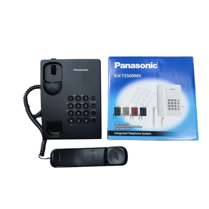 Panasonic KX-TS500MX black desk phone with keypad and handset beside its blue packaging box