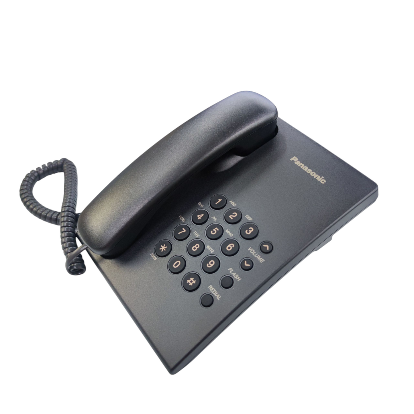 Panasonic KX-TS500MX black desk phone with numeric keypad and coiled handset cord