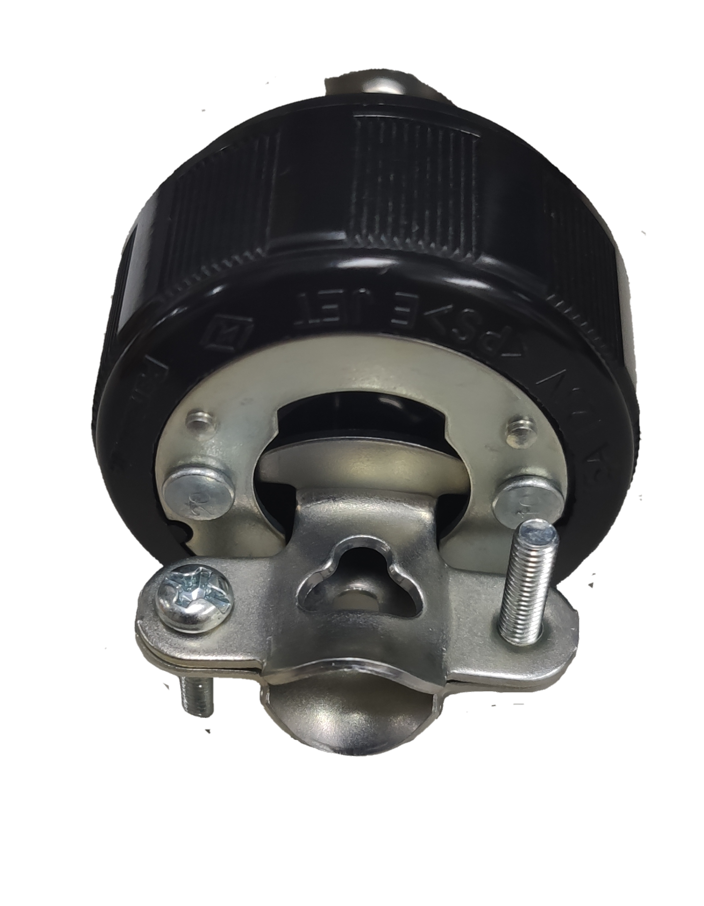 Panasonic 15A Twist Lock Plug black cylindrical locking connector with metal mounting yoke and screws on black background