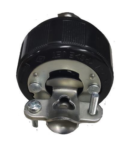 Panasonic 15A Twist Lock Plug black cylindrical locking connector with metal mounting yoke and screws on black background