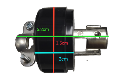 Panasonic 15A Twist Lock Plug side view with black round housing and metal locking prongs showing measurements 5.2cm 3.5cm 2cm