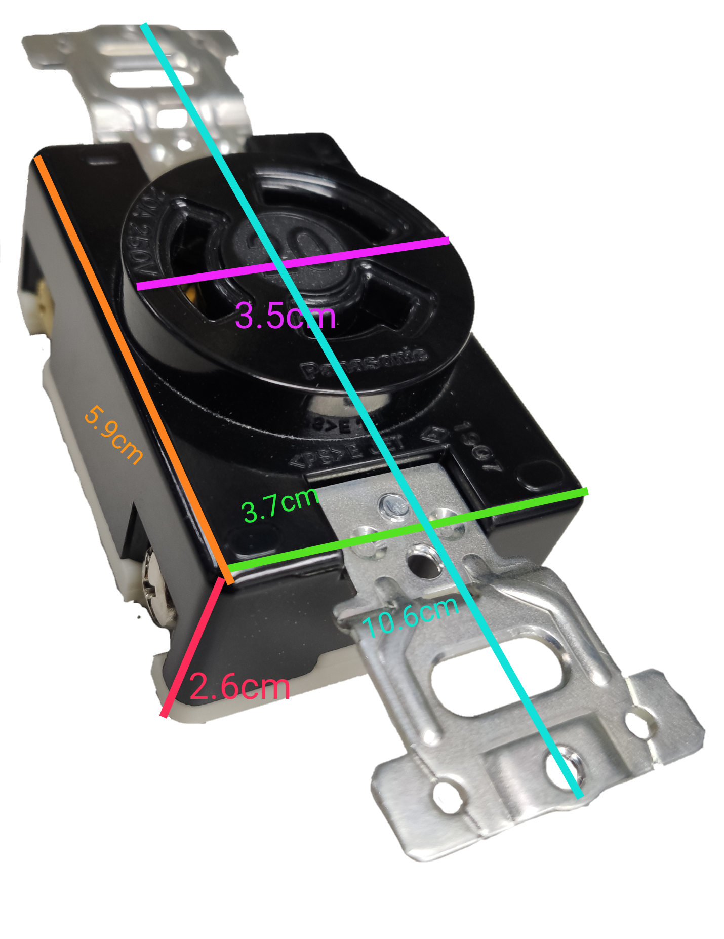 Panasonic 20A twist lock outlet WF2320 black industrial receptacle with metal mounting strap and measurements