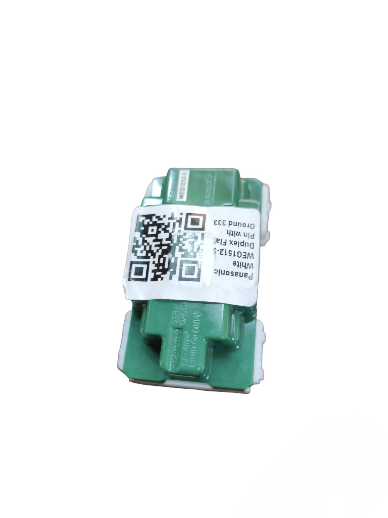 Green Panasonic duplex flat pin outlet 16A 250V module with QR code label and white snap mounting clips