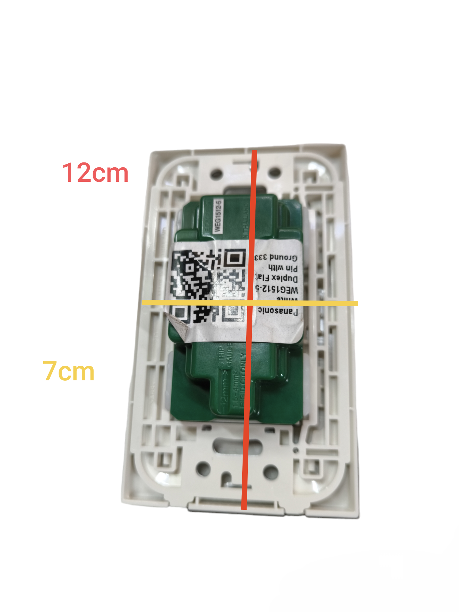 Panasonic duplex outlet 16A 250V rear view white faceplate with green module showing 12cm by 7cm measurements