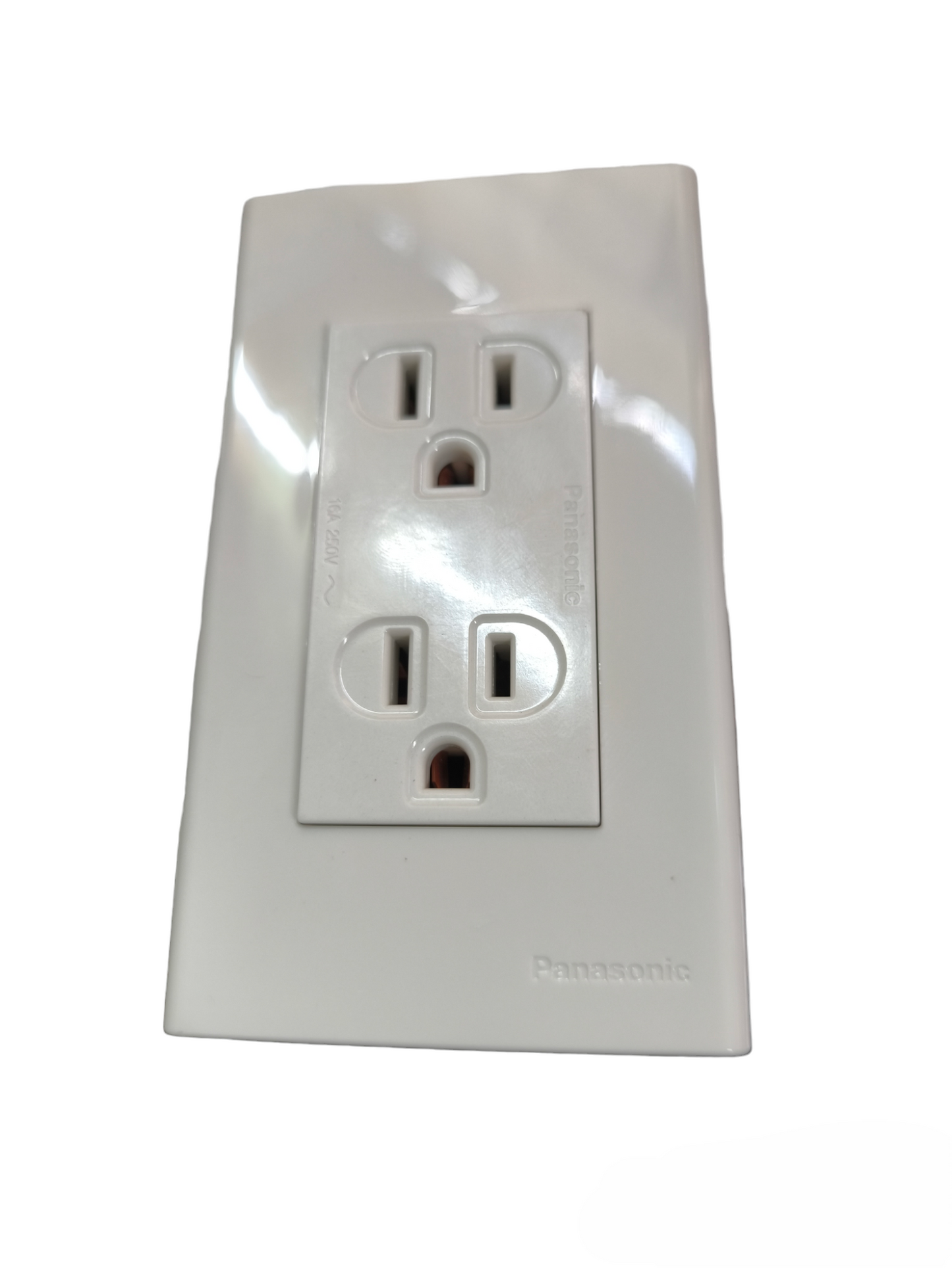 White Panasonic duplex outlet 16A 250V wall receptacle with dual grounded sockets and glossy faceplate