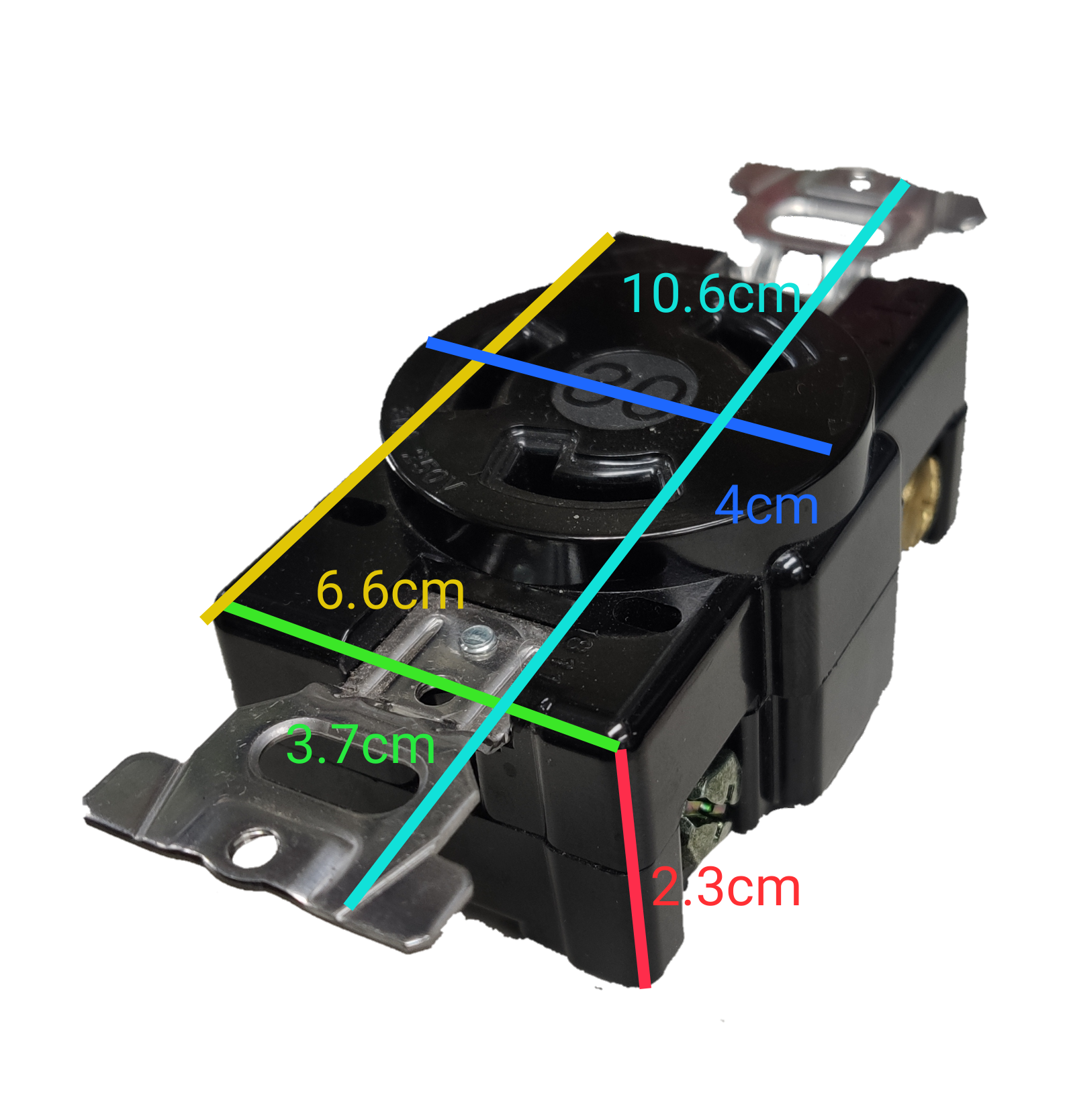 Panasonic twist lock outlet 30A 250V black industrial receptacle with mounting straps and measurement overlays