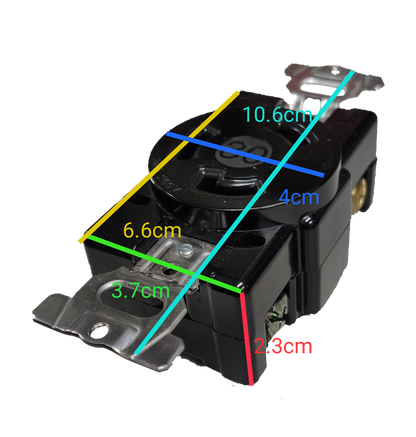 Panasonic twist lock outlet 30A 250V black industrial receptacle with mounting straps and measurement overlays
