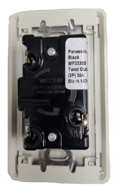Panasonic twist lock outlet 30A 250V black 3P flush mount receptacle on white wall plate