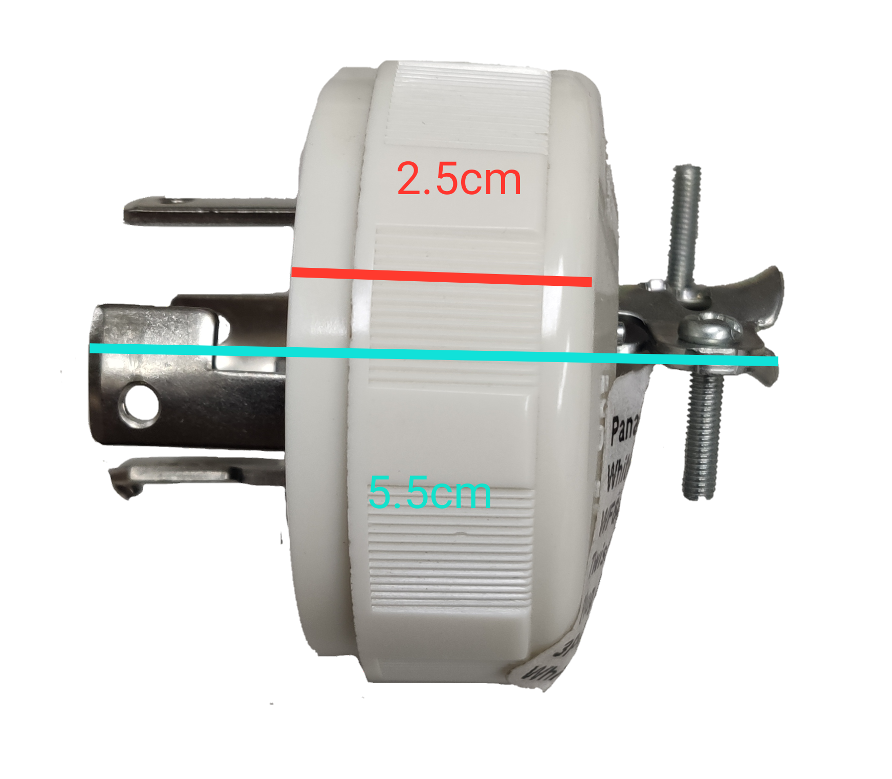 Panasonic WF6420 4 pin twist lock connector white round plug with metal prongs and clamp side view