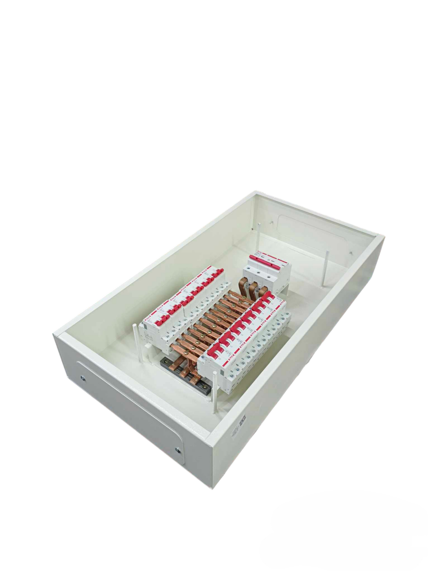 Himel and Koten Panel Board 100A 3 Pole 10 KAIC Miniature electrical circuitry and parts in white enclosure