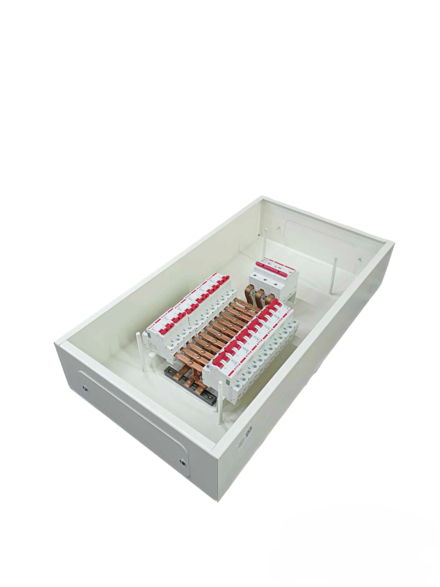 Himel and Koten Panel Board 100A 3 Pole 10 KAIC Miniature electrical circuitry and parts in white enclosure