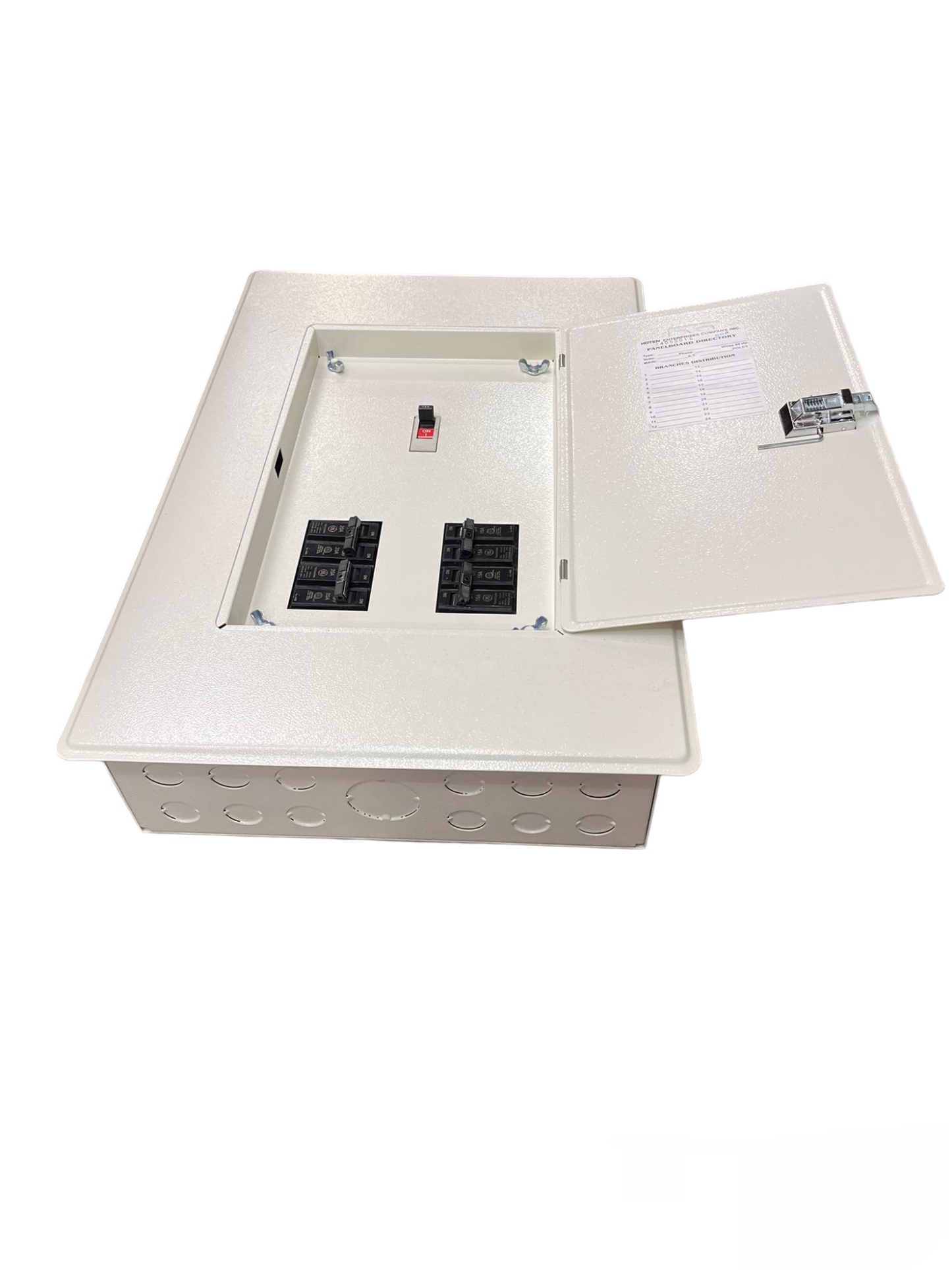 Koten & GE panel board 125 amp 4 branch electrical panel with protective cover and multiple circuit breakers