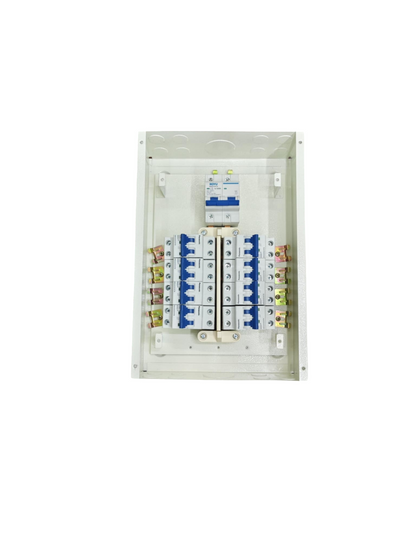 Panel Board 125A 2P Main electrical circuit breaker board with multiple switches inside white casing