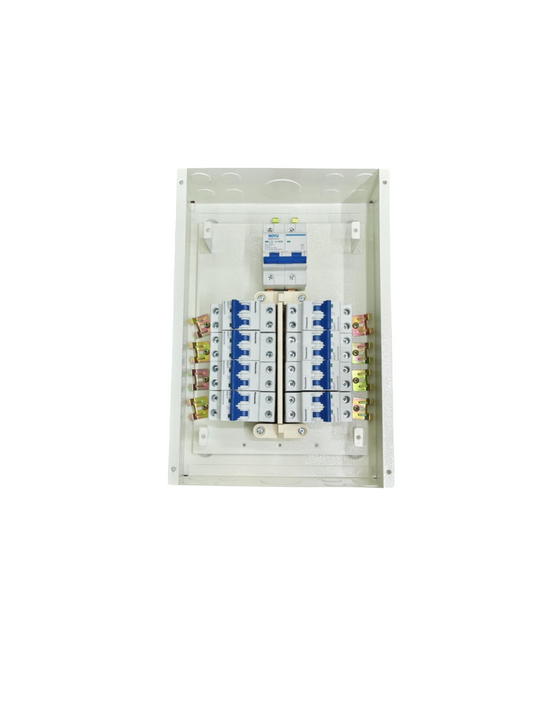 Panel Board 125A 2P Main electrical circuit breaker board with multiple switches inside white casing