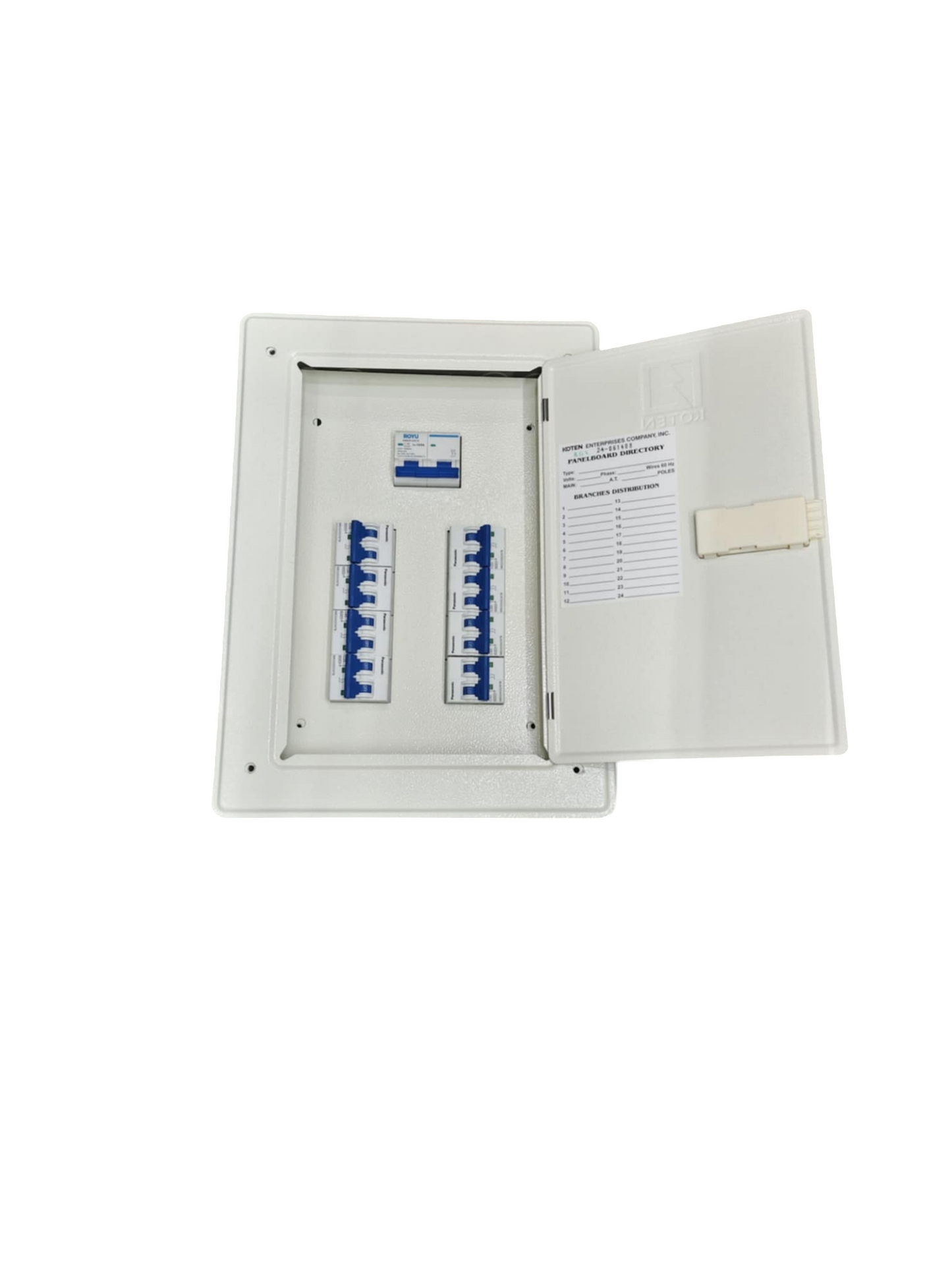 Panel Board 125A 2P Main electrical circuit breaker box with open white metal door and blue switches