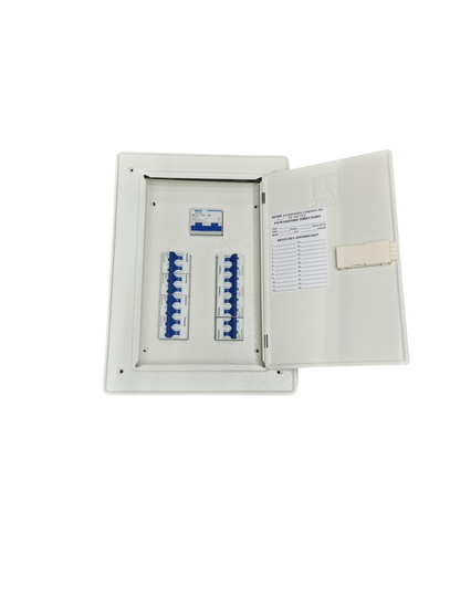 Panel Board 125A 2P Main electrical circuit breaker box with open white metal door and blue switches
