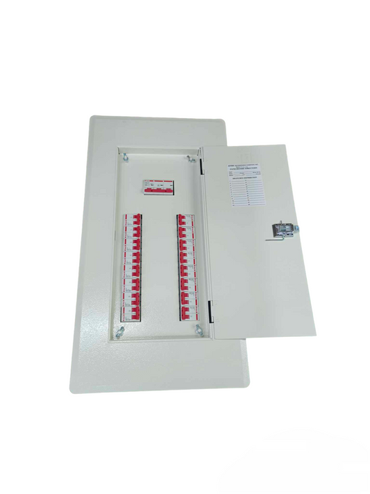 Himel and Koten Panel Board 125A 3 Pole 10 KAIC Main electrical circuitry and parts with open white metal enclosure
