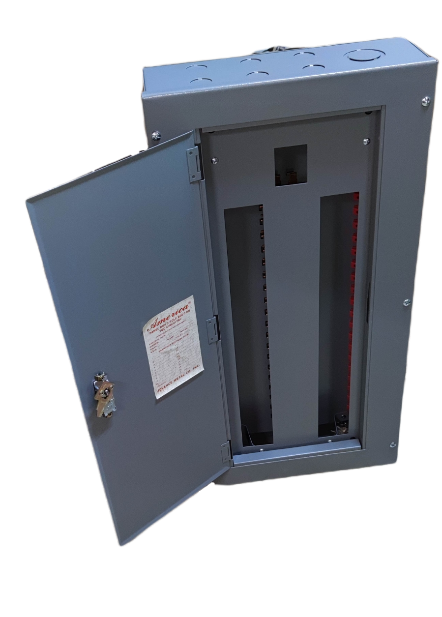 Panel Board 2 Pole Bolt on TQC Main electrical panel with open gray metal door and locking mechanism
