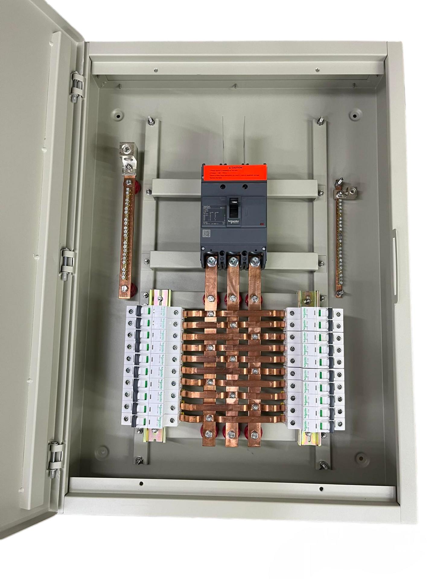 Schneider and Royu Panel Board 250A 3 Pole MCCB Main with copper busbars and circuit breakers in an electrical enclosure