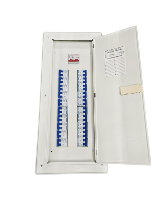 Panel Board 80A 2Pole electrical distribution board with multiple circuit breakers inside white metal enclosure
