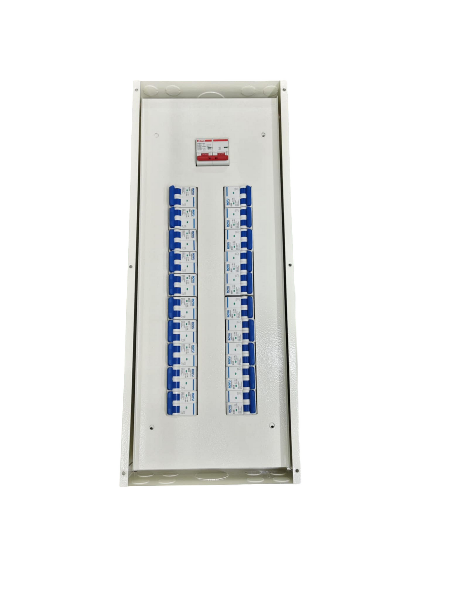 Panel Board 80A 2Pole electrical circuitry with multiple circuit breaker switches in a white metal enclosure