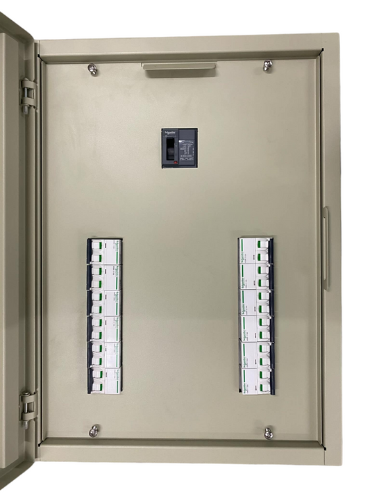 Schneider Panel Board EZC100 Main 2Pole 75A electrical panel with multiple circuit breakers inside a metal enclosure
