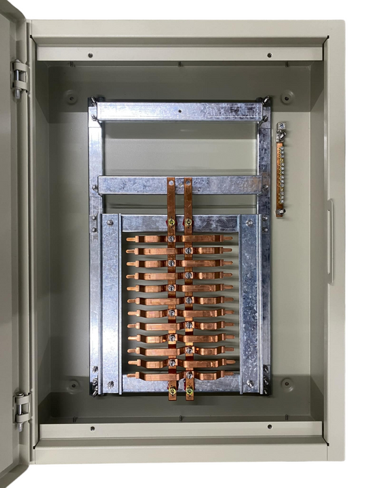 Schneider and Royu Panel Board EZC100 Main 2Pole electrical circuitry with copper bus bars inside metal enclosure