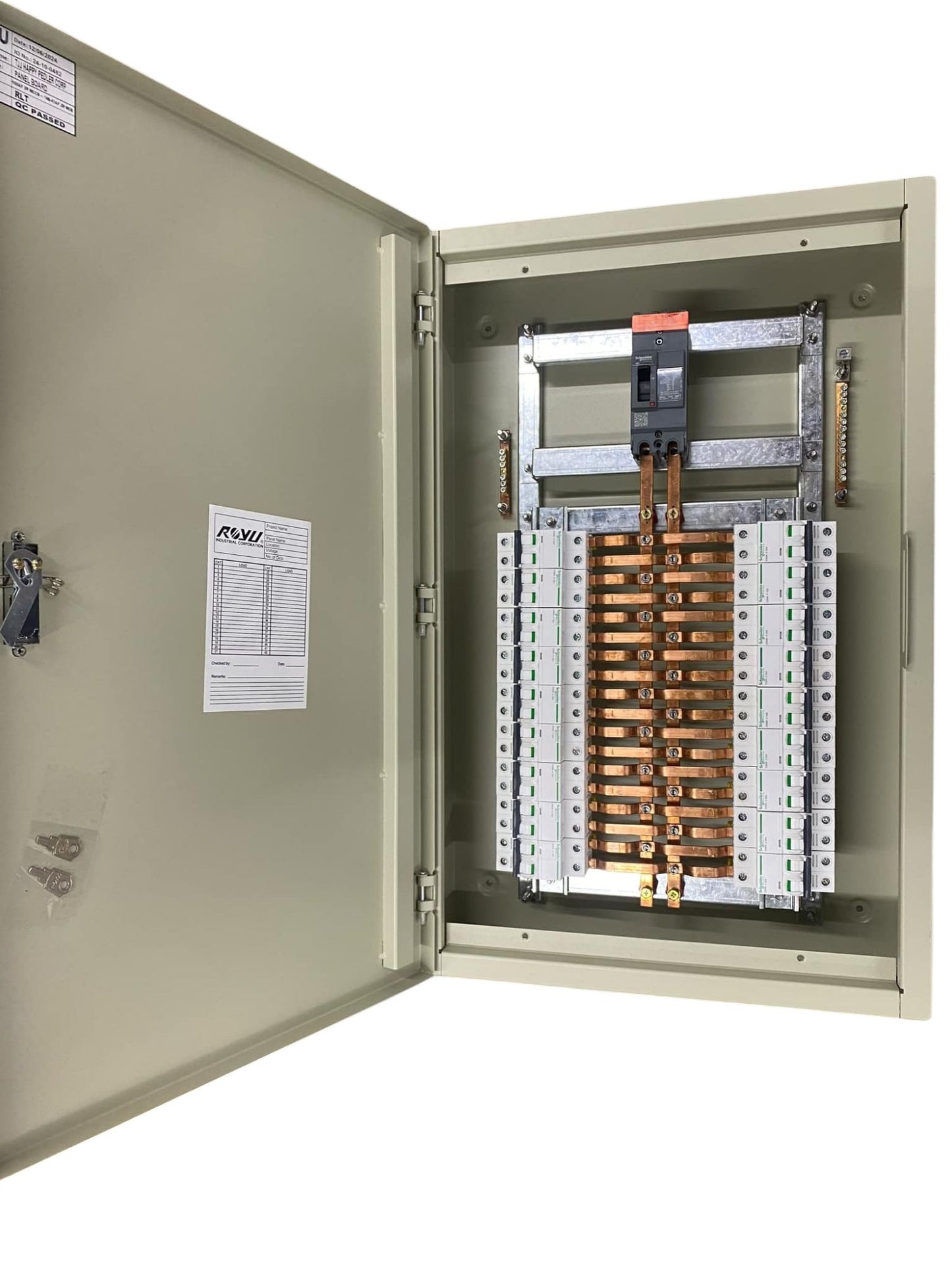 Schneider Royu Panel Board EZC100H 100A 2 Pole electrical circuitry with open grey metal enclosure