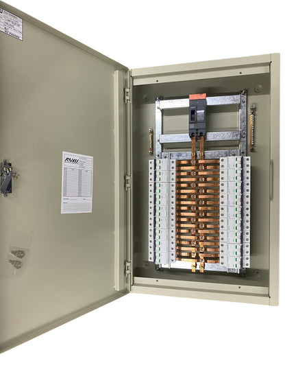 Schneider Royu Panel Board EZC100H 100A 2 Pole electrical circuitry with open grey metal enclosure