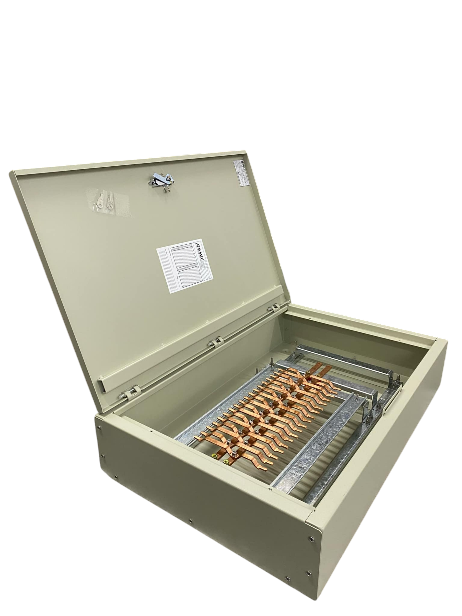 Schneider Panel Board EZC100H 2 Pole Main electrical circuitry part with copper busbars and open beige metal enclosure