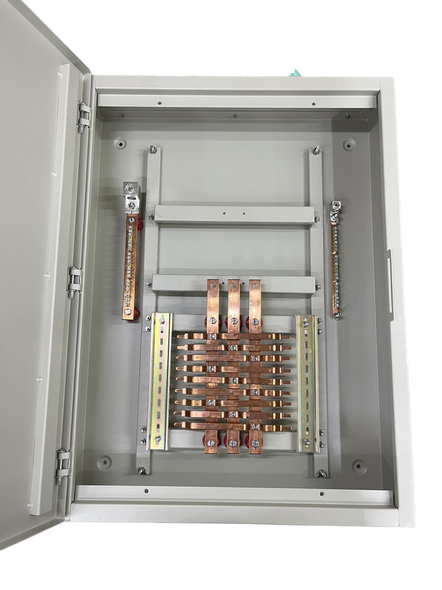 Schneider Panel Board for EZC250 Main 3 Pole electrical circuitry component with copper bus bars inside gray metal enclosure