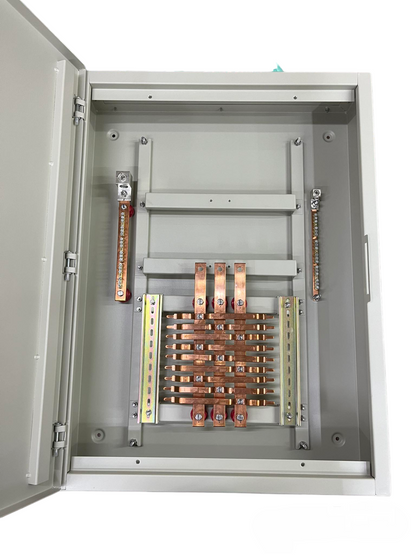 Schneider Panel Board for EZC250 Main 3 Pole electrical circuitry component with copper bus bars inside gray metal enclosure