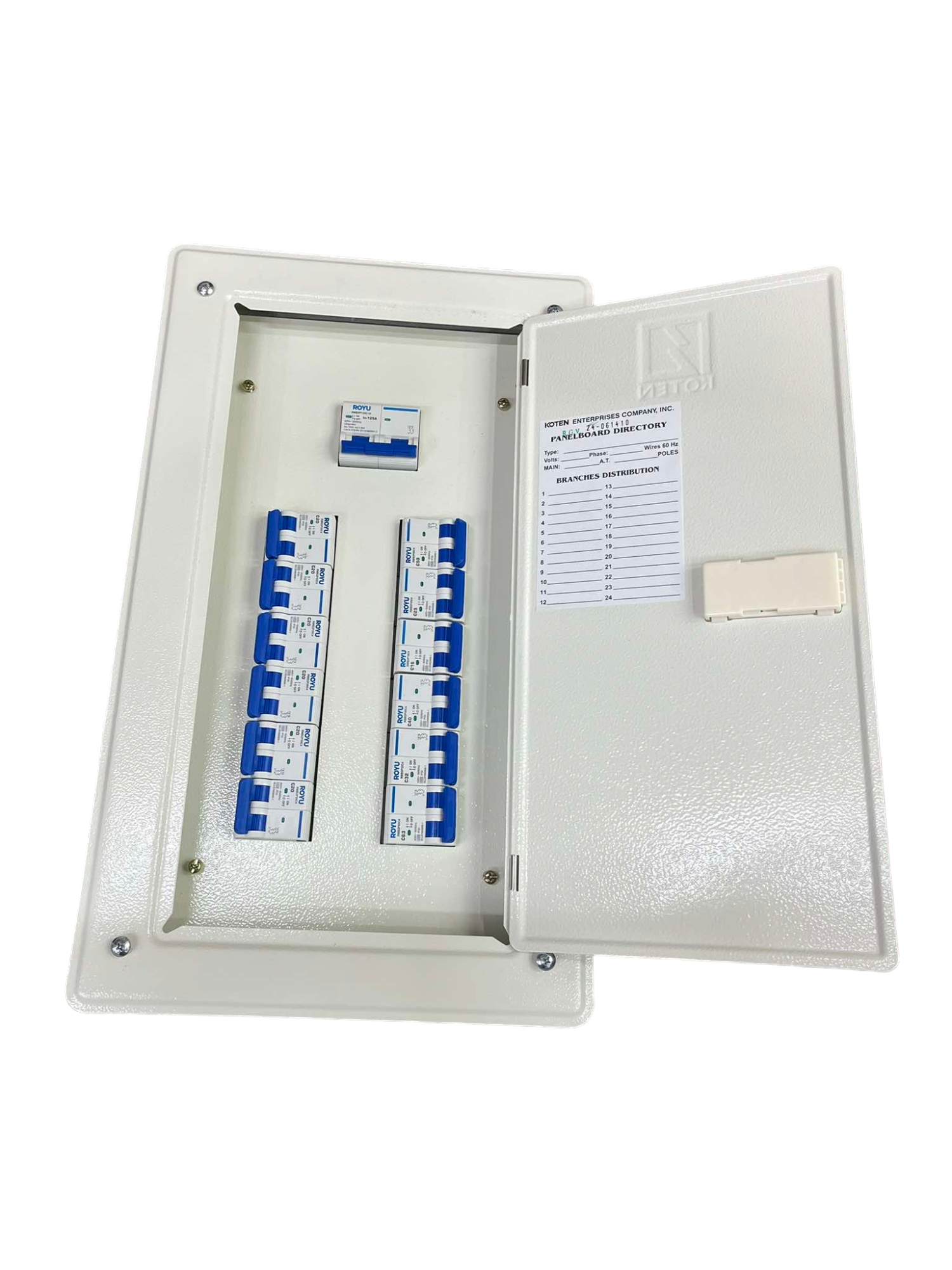 Royu Koten Panel Board with 125A 2pole electrical circuitry component with open white metal enclosure