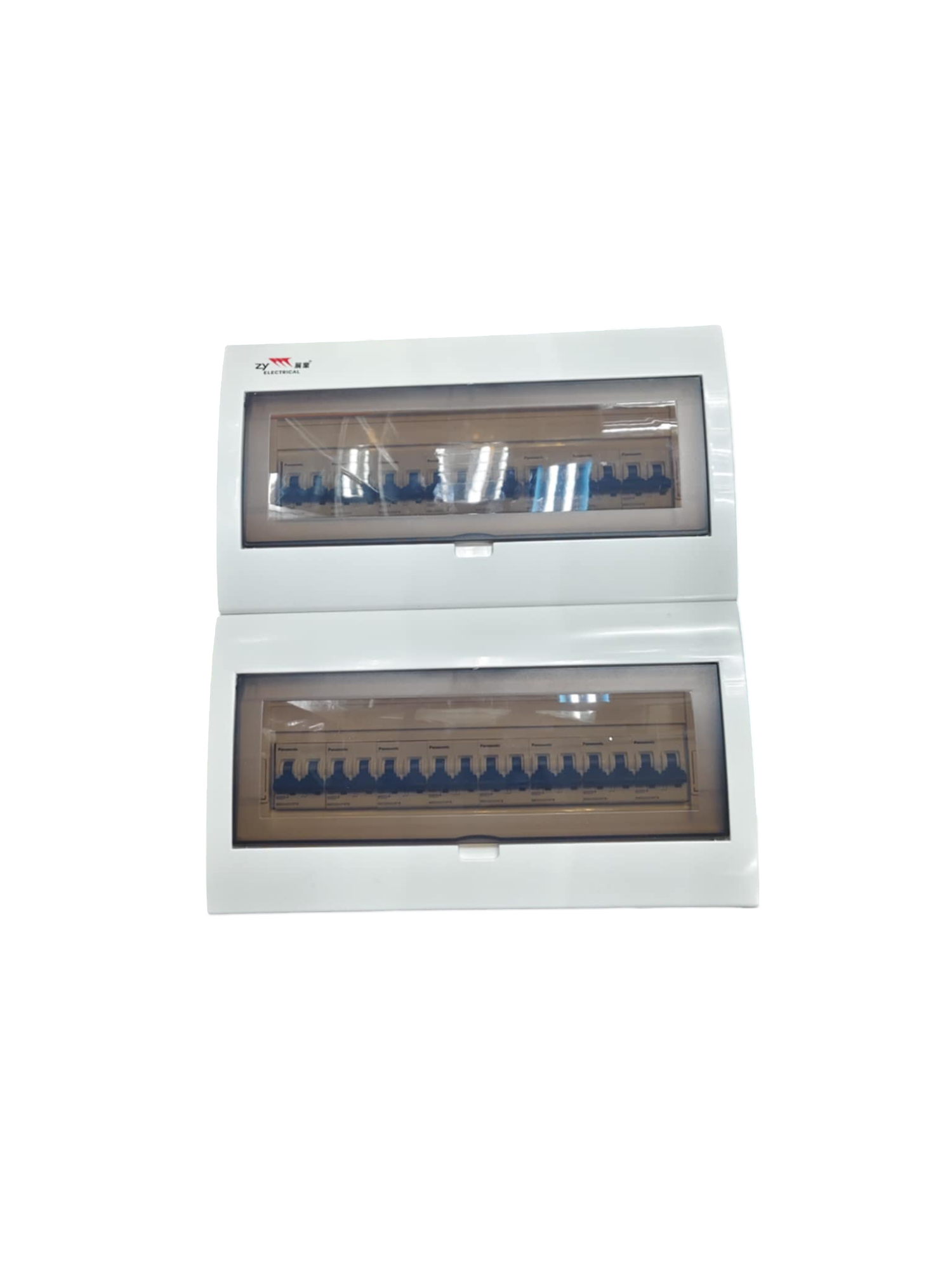 Panel Box with 15 Bus Bar 2 Pole Panasonic Breakers in white casing with transparent covers