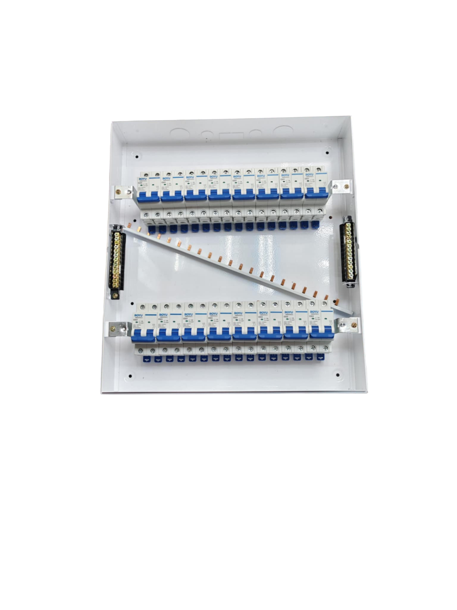 Panel Box with 15 Bus Bar 2 Pole Royu Breakers featuring multiple circuit breakers and bus bars in a white metal enclosure