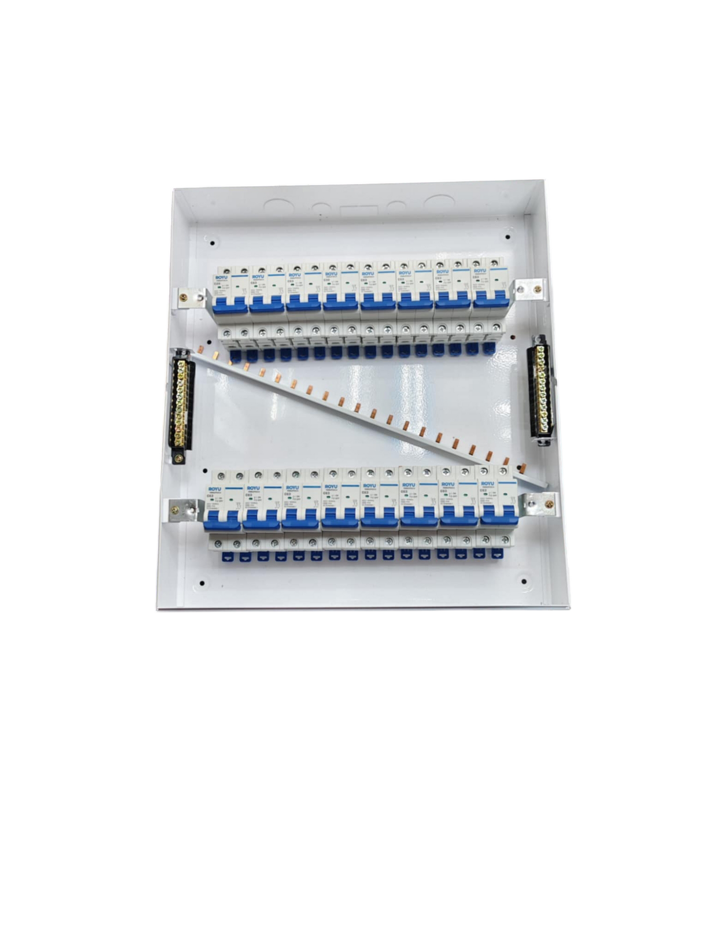 Panel Box with 15 Bus Bar 2 Pole Royu Breakers featuring multiple circuit breakers and bus bars in a white metal casing