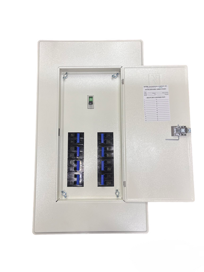 Koten Panel Board 150A 2P Main 8 Branches white metal enclosure open door showing eight branch breakers and main switch