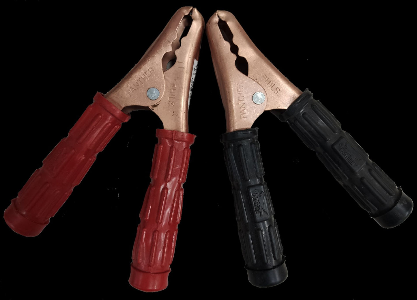 Panther 100A battery clips with red and black insulated handles for electrical circuitry and parts