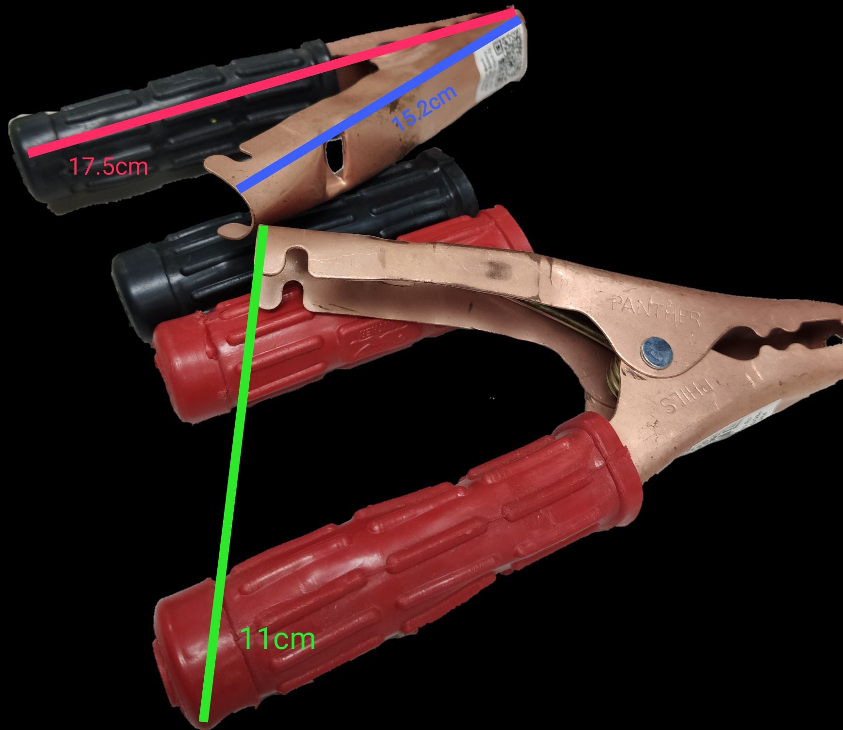 Panther 100A battery clips with red and black insulated handles for secure electrical connections