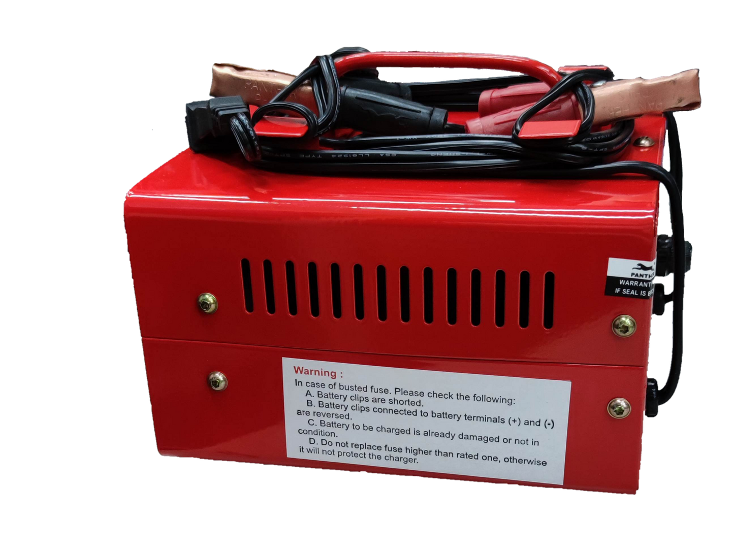 Panther 6V 12V car battery charger in red with attached clamps and warning label