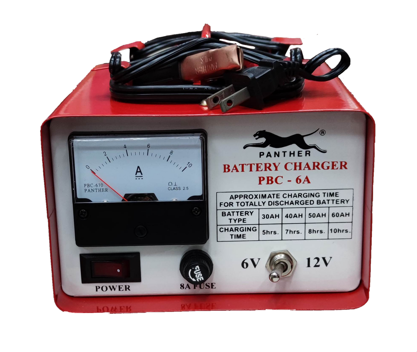 Panther 6V 12V car battery charger with ammeter, power switch, and charging cables in red housing