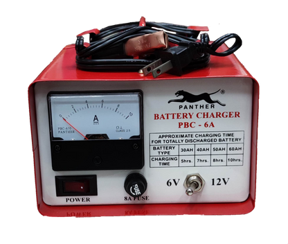 Panther 6V 12V car battery charger with ammeter, power switch, and charging cables in red housing