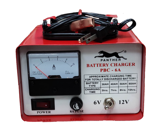 Panther 6V 12V car battery charger with ammeter, power switch, and charging cables in red housing